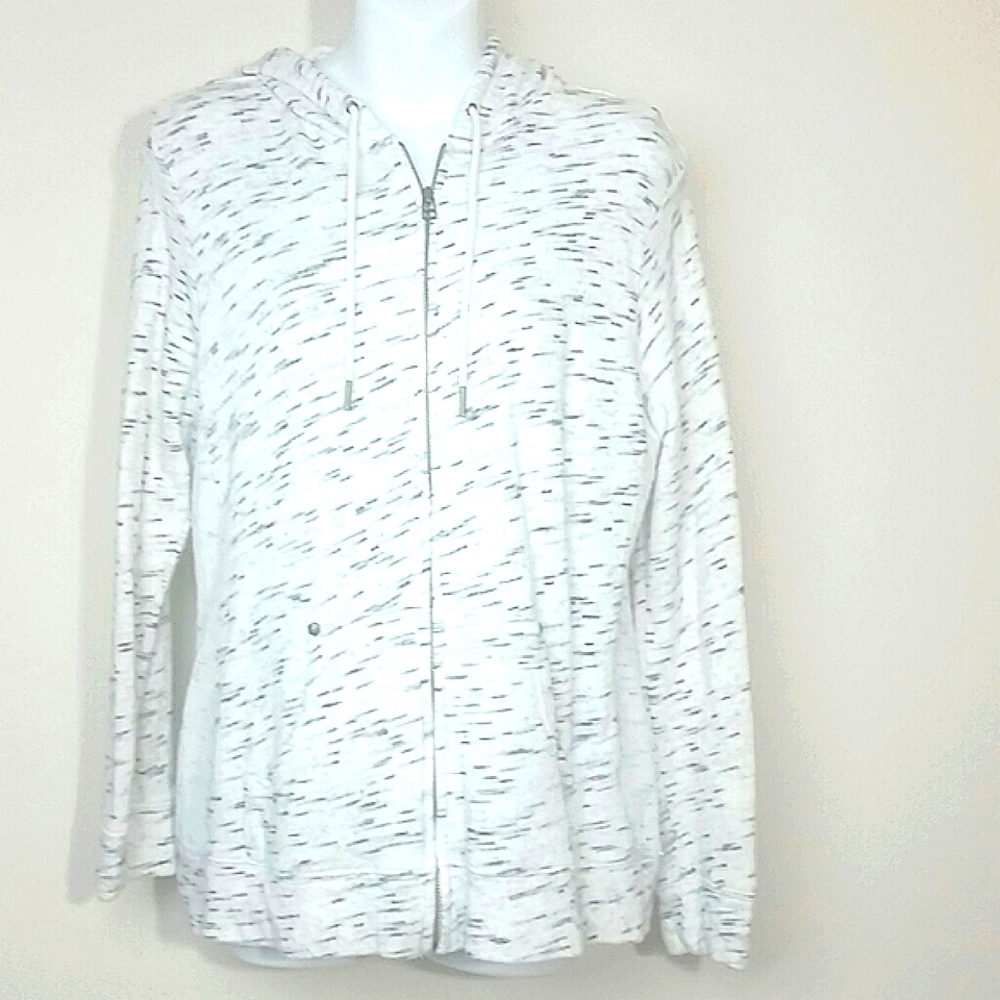 Style and Co White Gray Black Dash Print Zip Up Hoodie Jacket Large Athleisure C